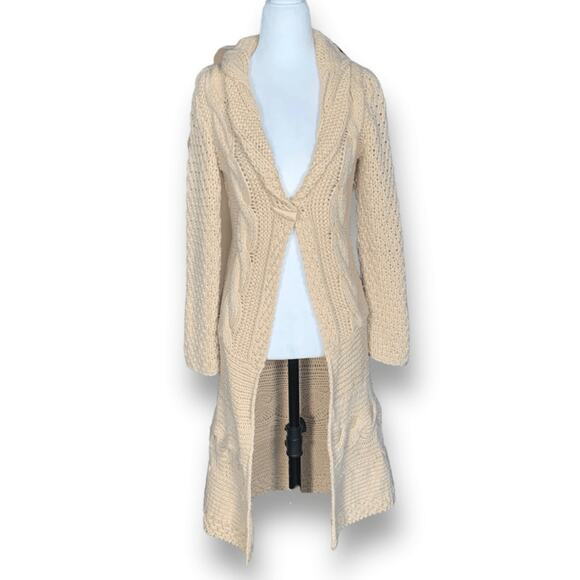 Bebe Beige Chunky Knit Longline Cardigan Sweater Shawl Collar Toggle Closure - Picture 11 of 11